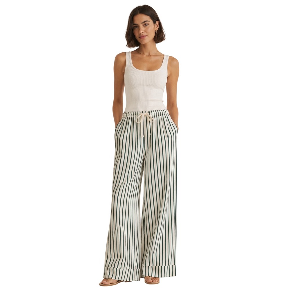 Hanna Andersson Green Stripe Tencel Lounge Pants M Wide Leg Pajama Coastal